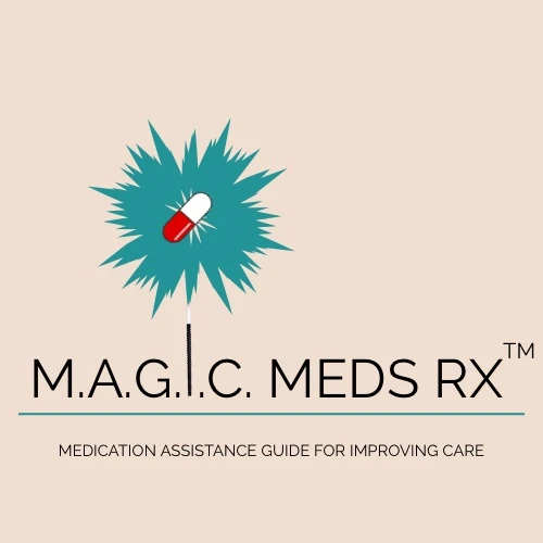 MAGIC Meds Rx Logo. MAGIC acronym spelled out with the I replaced with a magic wand, pointing upwards in a burst of teal with a pill in the center.